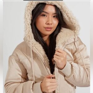 BuffBunny Tan Bomber Jacket with Faux Fur Hood